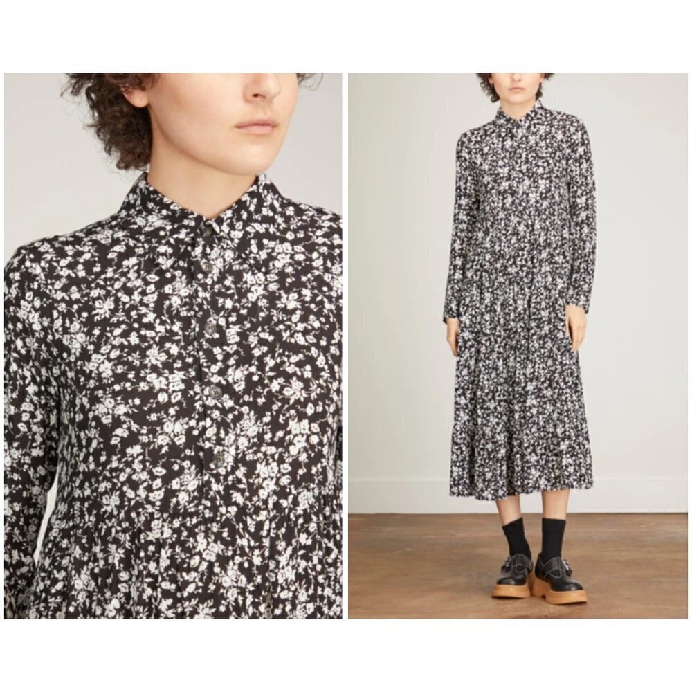 💕GANNI💕 Printed Crepe Layer Midi Dress ~ Viscose Black Floral Print 36 EU - Picture 8 of 16